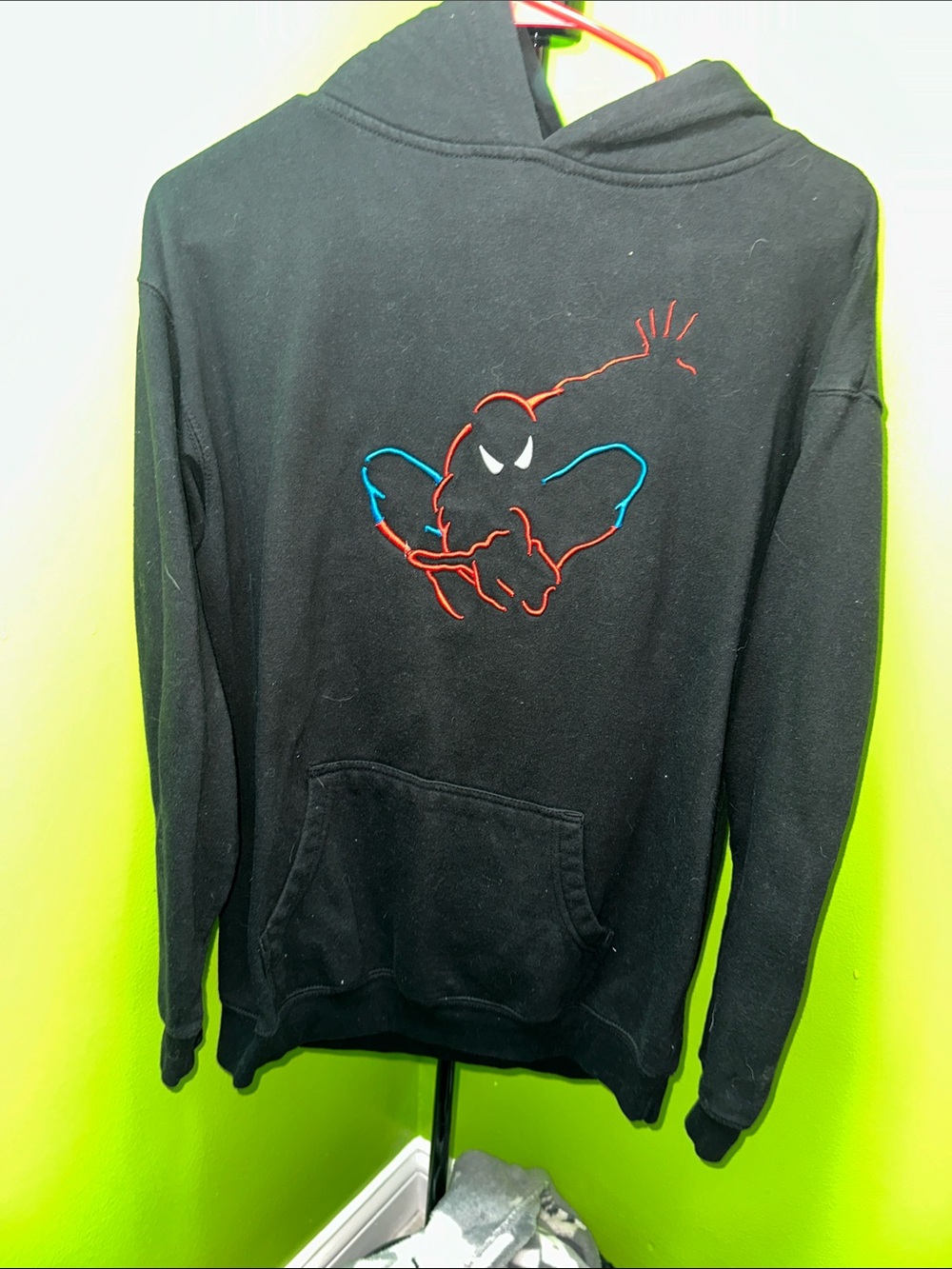 Black Pullover Hoodie with Red & Blue Spider Graphic